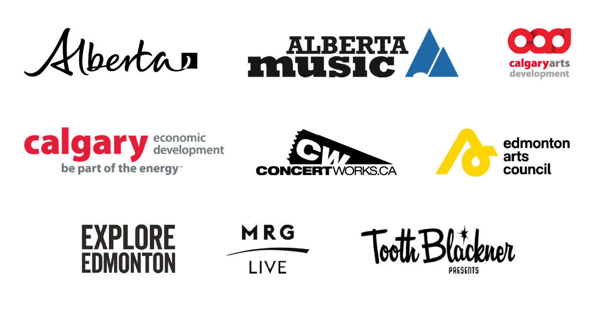 Logos of Special Project partners: Government of Alberta, Alberta Music, Calgary Arts Development, Calgary Economic Development, concertworks.ca, Edmonton Arts Council, Explore Edmonton, MRG Live, and Tooth Blackner Presents.